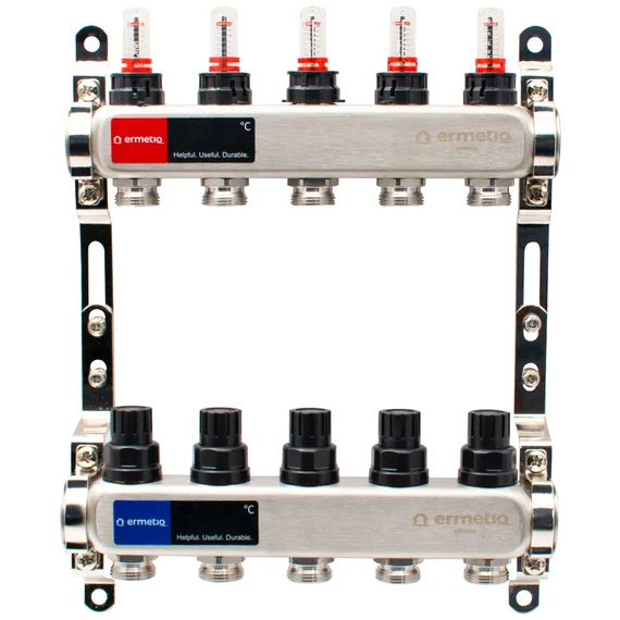 BRH RM-áramlásmérős osztó, bilincsre szerelve, szigeteléssel, 1"BB-3/4"eurokonus, 5 körös, hossz: 26cm, sz.: SZP-1, SZN-0, SZN-1, BRH-758